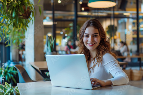 Young woman smiling working on laptop in cafe for freelance or remote work themes.