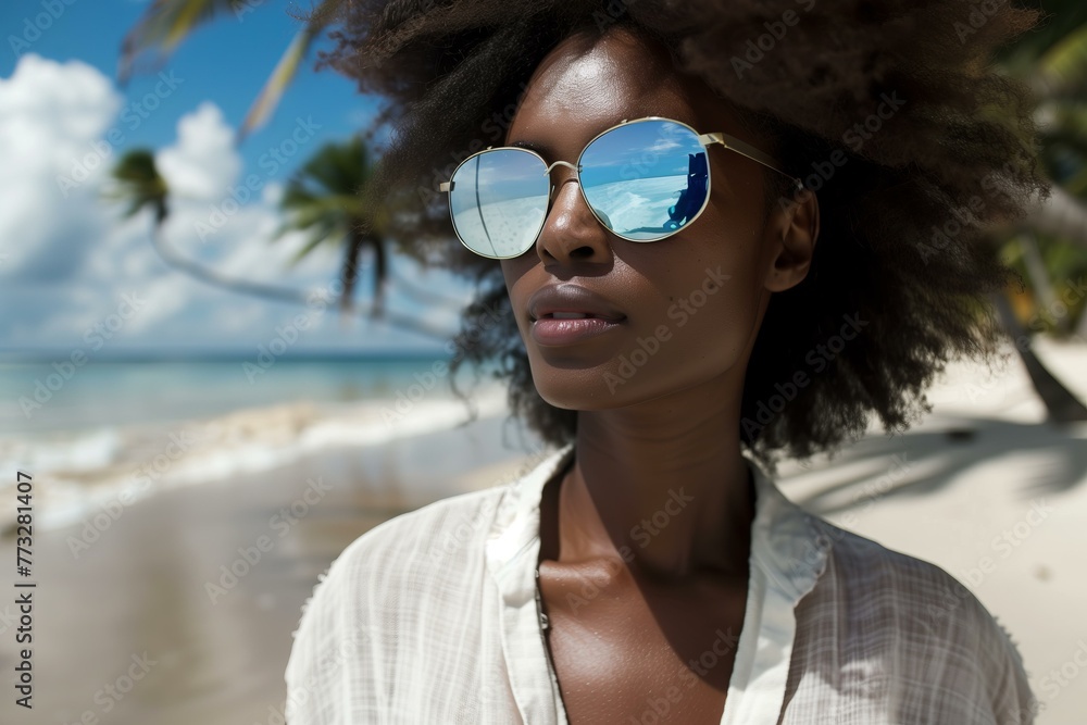 stylish black young woman wearing holographic sunglasses and ivory linen clothes palms and beach in the background stylish black young woman wearing holographic sunglasses and ivory linen clothes palms and beach in the background