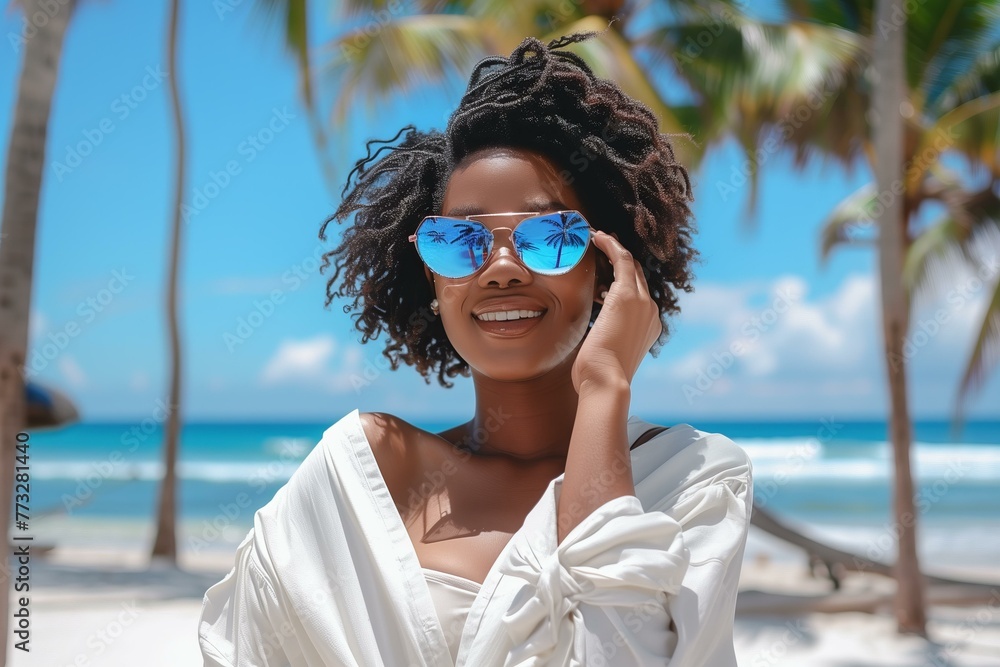 stylish black young woman wearing holographic sunglasses and ivory linen clothes palms and beach in the background