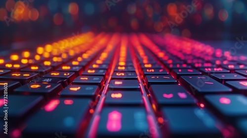  A tight shot of a computer keyboard with red and yellow lights emanating from the keycap tops