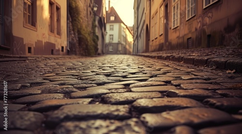   A cobblestone street flanked by buildings on each side, a distant structure rising beyond