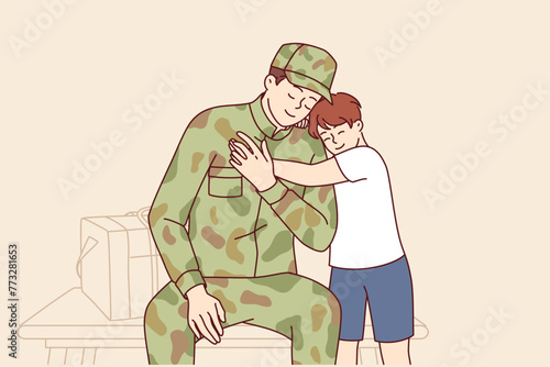 Return home of soldier who served in army and is rejoicing at long-awaited meeting with son. Loving boy meets hero father in camouflage clothes from army, or performing dangerous task in war.