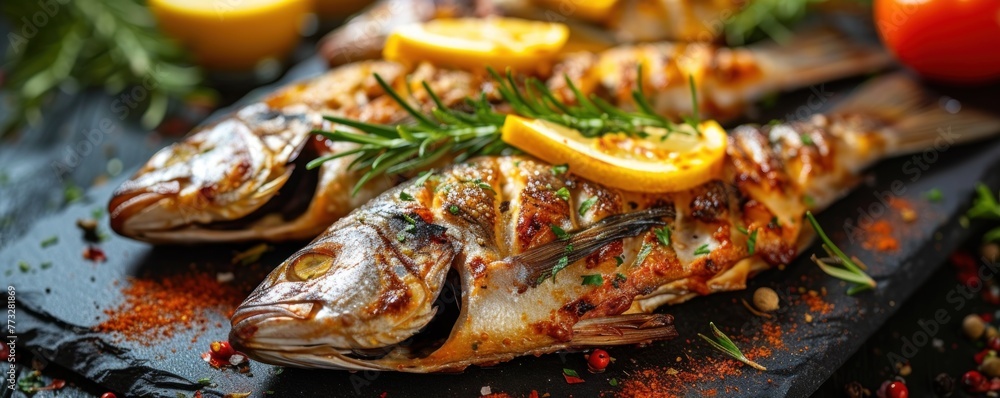 Tasty grilled fish with food decoration like lemon or tomatoes