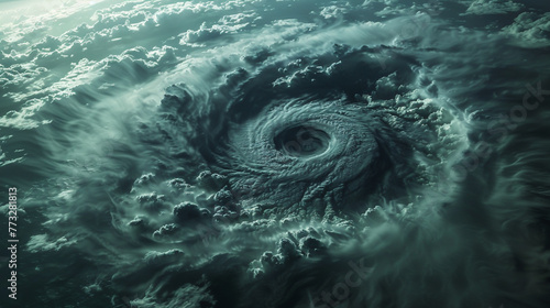 A swirling storm cloud with a hole in the center. The storm is very large and is surrounded by a lot of clouds