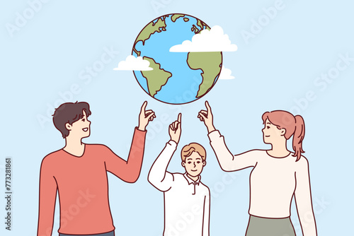 Environmentally conscious people of all ages point to planet together to call for stop to pollution and climate change. Family of parents and child recommends celebrating earth day for save planet © drawlab19