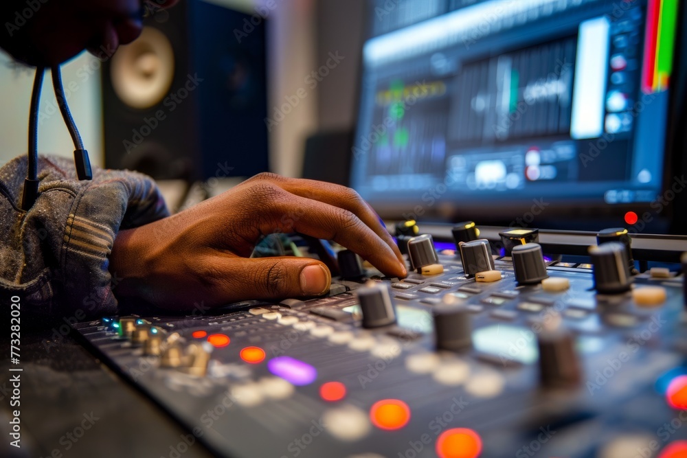A person fine-tunes audio levels on a soundboard in a recording studio using a screen and their hand - obrazy, fototapety, plakaty 