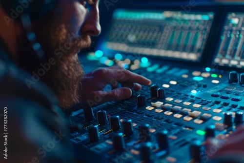 A man wearing headphones is adjusting audio levels on a screen in a recording studio photo