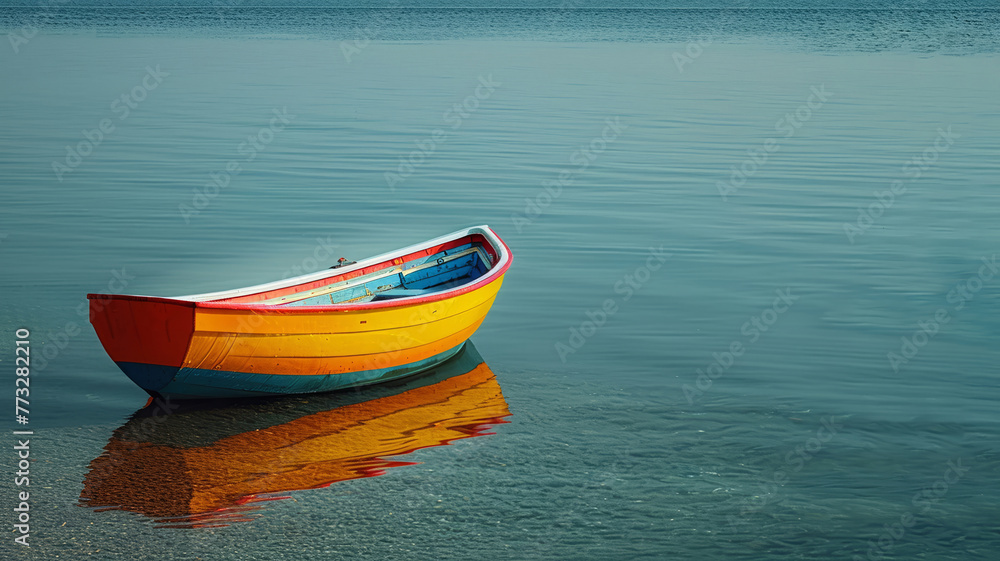 Bright day on a tranquil sea with a colorful watercraft bobbing gently