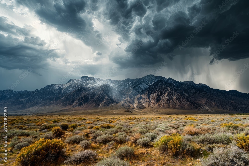 A rainstorm rolls in over a rugged mountain range, casting dark, heavy clouds over the peaks