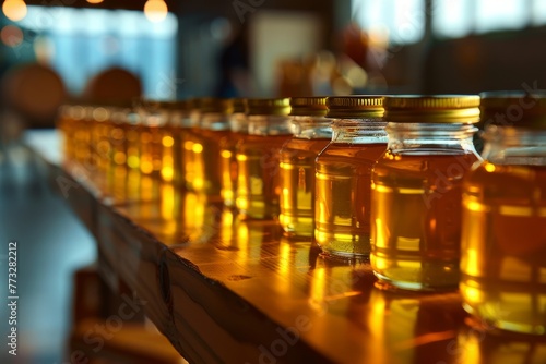 A row of jars filled with honey sits neatly on top of a wooden table in this commercial photograph