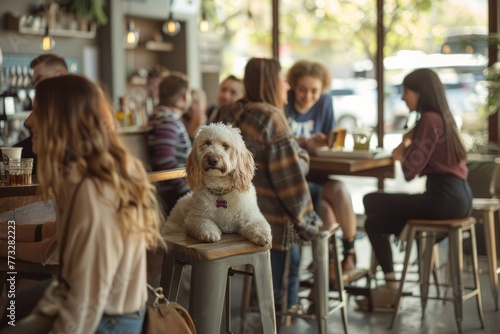 A dog sits obediently on a stool in a restaurant while patrons enjoy their meals photo