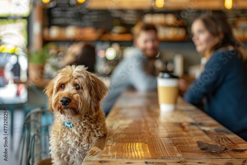 A dog sitting calmly on a table in a restaurant while people enjoy their meal photo