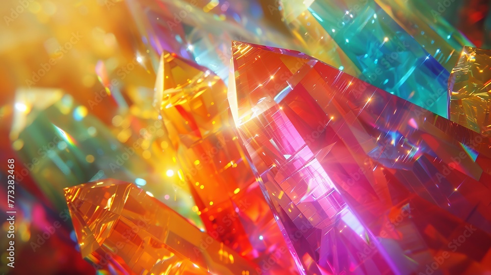 Kaleidoscopic light play on crystals in vibrant dance of colors Kaleidoscopic light play on crystals in vibrant dance of colors