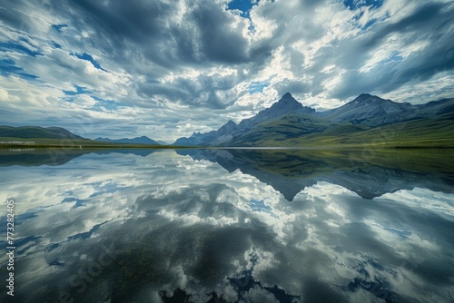 A large body of water surrounded by mountains, reflecting the cloudy sky in a serene mountain lake