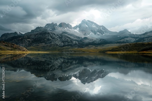 A large body of water nestled amidst towering mountains, reflecting the cloudy sky in its serene surface © Ilia Nesolenyi