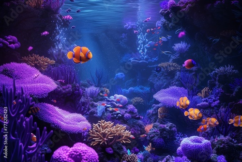  clownfish and multicolored corals in foreground; sunlight streaming through water
