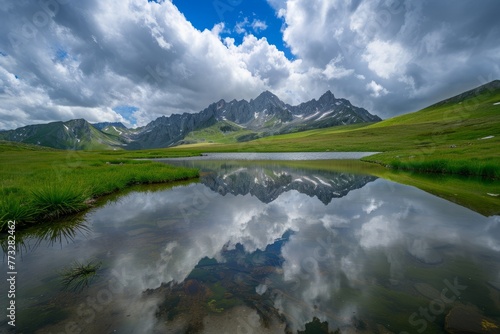 A large body of water surrounded by majestic mountains, reflecting the cloudy sky above in a serene composition