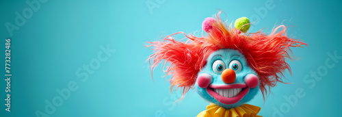 Toy Clown with Colorful Wig Smiling Happily. April Fool's Day concept.