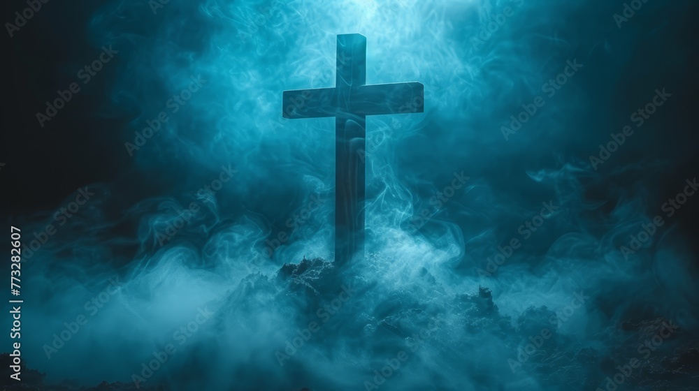 A cross, embedded in a dense cloud of smoke, bears a brilliant light at its center A cross, embedded in a dense cloud of smoke, bears a brilliant light at its center