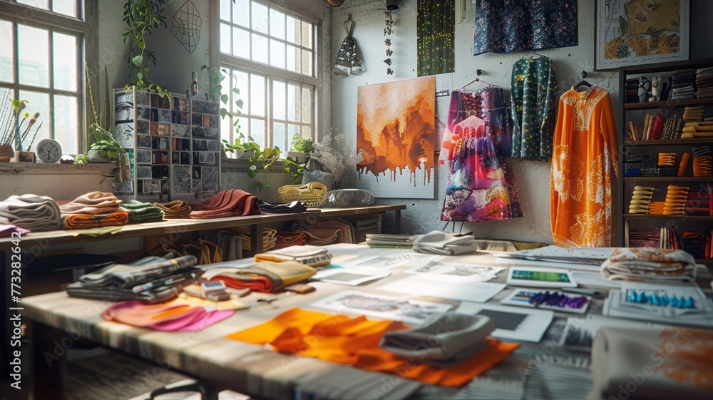 Designer's workshop showcasing a kaleidoscope of materials and fashion illustrations