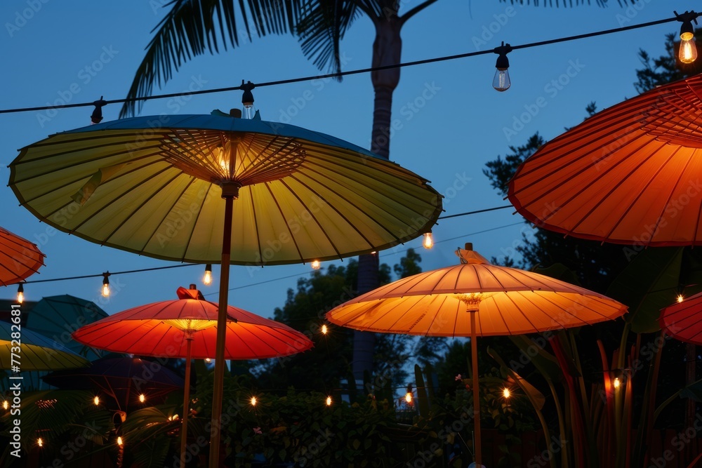 A group of umbrellas brightly lit up in the soft twilight, creating a colorful and vibrant scene