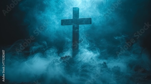  A cross, embedded in a dense cloud of smoke, bears a brilliant light at its center