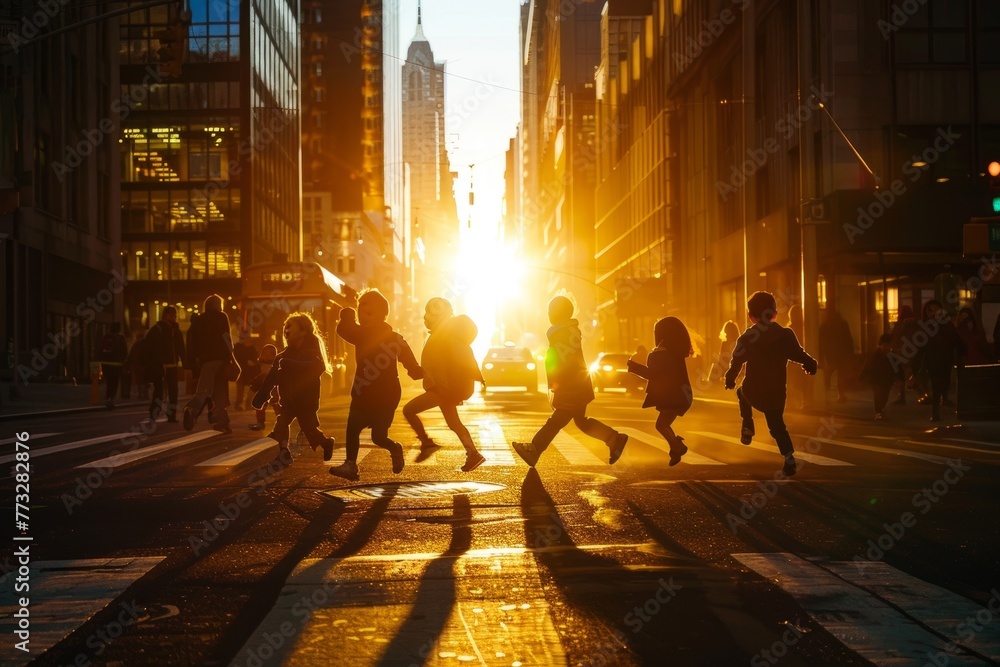 Silhouettes of a diverse group of people walking across a city street during sunset with warm orange and pink sky in the background