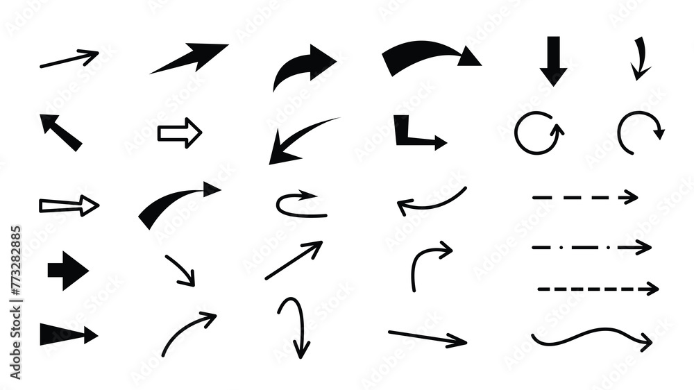 Curved hand drawn black arrows set. Vector collection of pointers in simple doodle style. Direction pointers, scribbles and scrawls - obrazy, fototapety, plakaty 