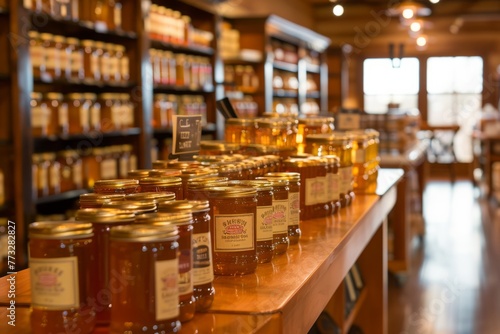 A commercial photography shot showing a store display filled with numerous jars of honey. The wide-angle shot captures the extensive variety of honey products available