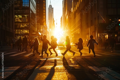 Silhouettes of a diverse group of people walking across a city street during sunset with warm orange and pink sky in the background