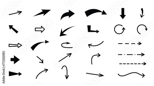 Curved hand drawn black arrows set. Vector collection of pointers in simple doodle style. Direction pointers, scribbles and scrawls