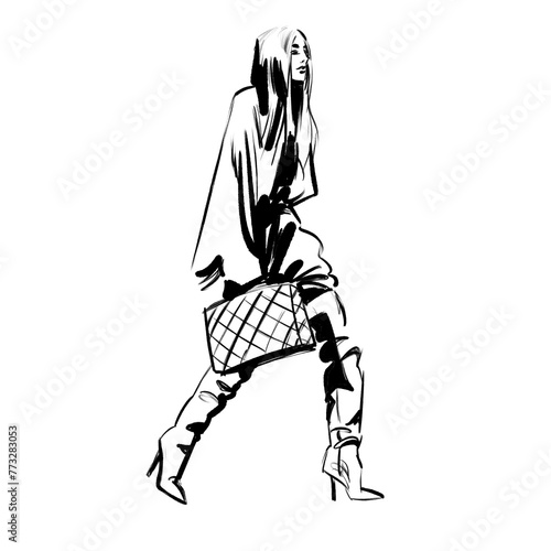 A woman with a designer bag is walking dressed in loose fitting clothes and thigh high boots  minimalistic fashion illustration  silhouet. 