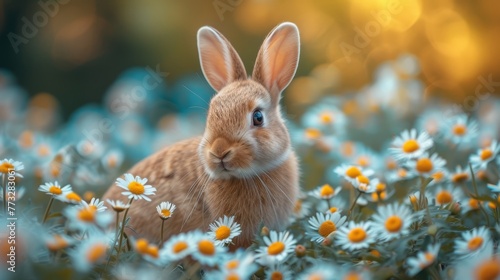  A rabbit sits in the middle of a daisy-filled field, with daisies in the foreground