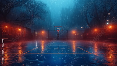  A basketball court, centered in the park, features a hoop at its heart under the night sky