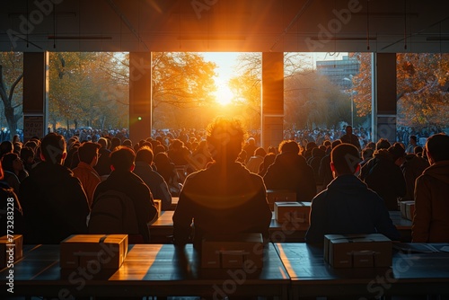 Sunset through the windows over crowd