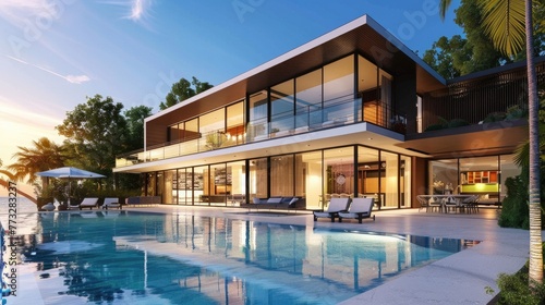 Modern luxury villa with swimming pool, Vacation home, Real estate concept.