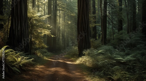   A dirt path  bordered by tall trees and ferns  winds through a forest