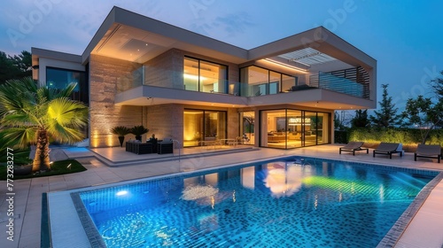 Modern luxury villa with swimming pool  Vacation home  Real estate concept.