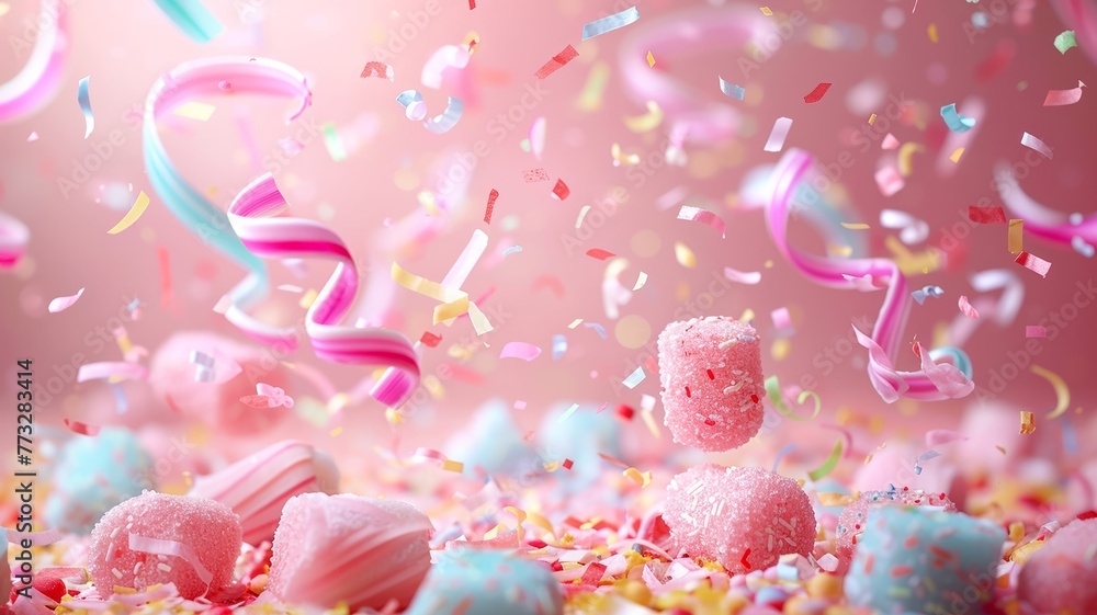 Celebration concept with vibrant sweets and streamers arranged neatly Celebration concept with vibrant sweets and streamers arranged neatly