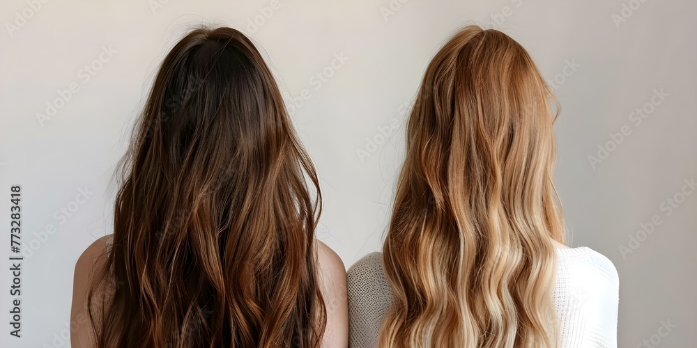 Fototapeta premium Before and after hair extensions on a white background showcasing the transformation in length and volume. Concept Hair Extensions, Before and After, White Background, Length Transformation