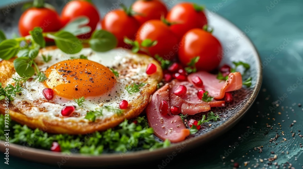   A close-up of an egg atop a lettuce bed, surrounded by tomatoes