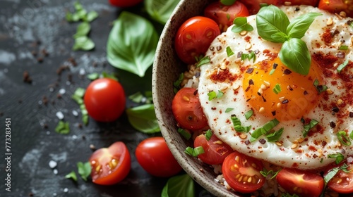  A tight shot of a bowl filled with rice topped with a fried egg andtomatoes