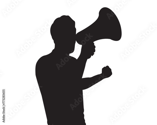silhouette of soccer fan with megaphone in hand celebrating isolated vector in white background.