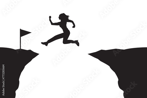 silhouette of businesswoman bounce on trampoline jump flying high to grab star mountain, Success support,