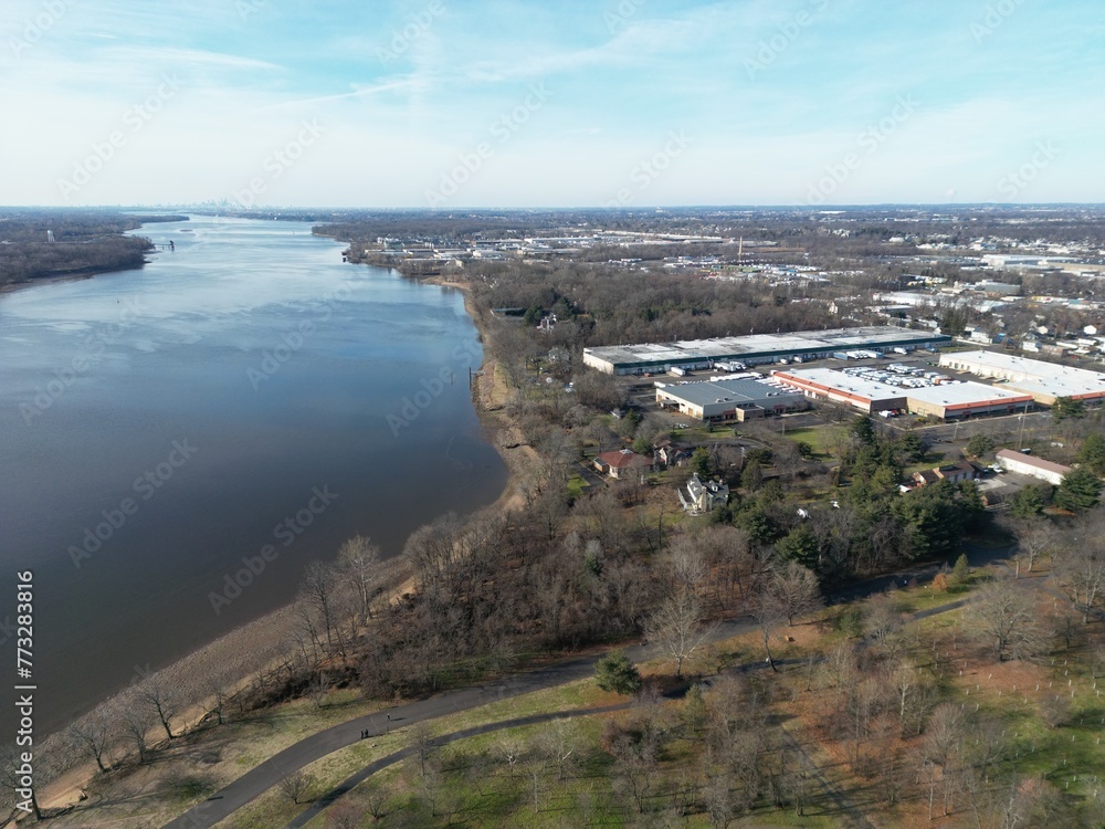 Aerial view of the Delaware River. Neshaminy State Park, United States