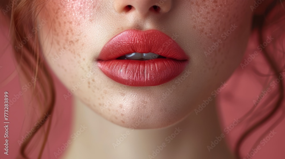 Naklejka premium A tight shot of a woman's face, adorned with freckled hair and makeup featuring subtle freckle-like patterns