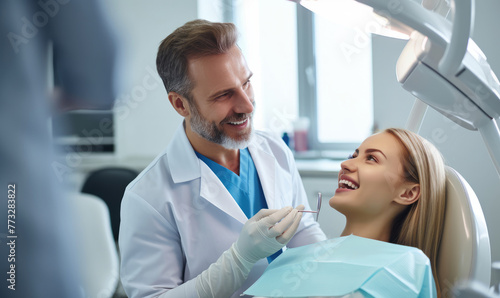 Beautiful woman sitting in dental chair while professional doctor fixing her teeth. Dental care concept