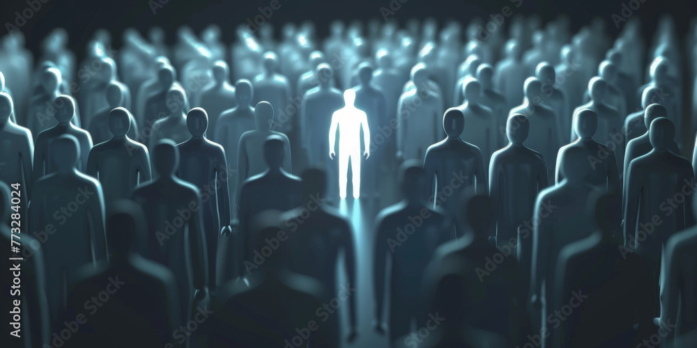 Obraz premium A person stands out from the crowd, surrounded by silhouettes of other people. Competition among staff concept.Hiring by competition among candidates.