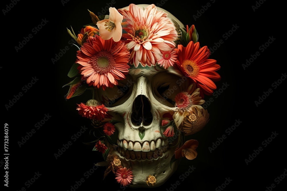   A skull adorned with a floral crown, bearing a butterfly at its center
