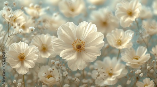 A field of white flowers, their centers filled with clusters of blooms, stretches beneath a blue sky